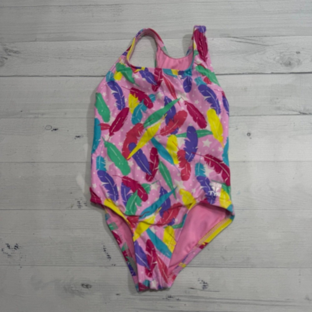 TYR‎ girls colorful pink rainbow feather print one piece swimsuit 4/5